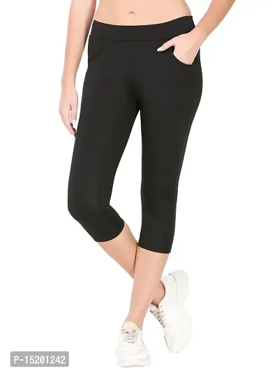 Black Color Women's Capri Leggings, Knee-Length Polyester Capris Tights-Made  in USA (US Size: XS-2XL) | Heidikimurart Limited