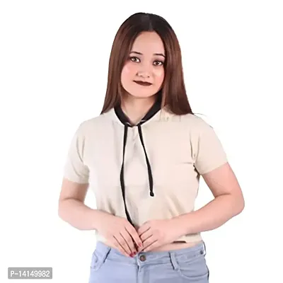 MYO Women's Solid Hooded Neck Half Sleeves Cotton Regular Fit Crop Tshirt