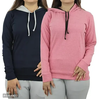 MYO Women's Full Sleeve Hooded Neck T Shirt Pack of 2 Navy-Pink