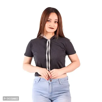 MYO Women's Solid Hooded Neck Half Sleeves Cotton Regular Fit Crop Tshirt-thumb0