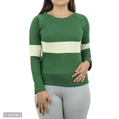 MYO Cotton Regular Fit Full Sleeve Striped T-Shirt for Women Olive