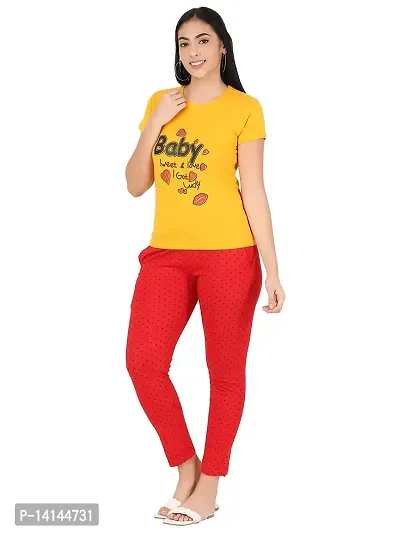 MYO Women's Printed Cotton Night Suit Set/Pyjama Set/Sleepwear/Nightwear/Nightdress/Loungewear Yellow-Red