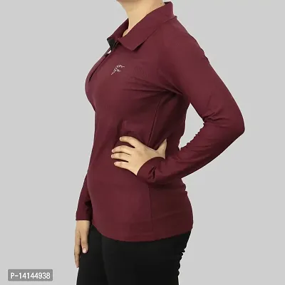 MYO Full Sleeves Solid Women's/Girls Polo Neck T-Shirt |1/4 Zip Dry-Fit T-Shirt Wine-thumb2