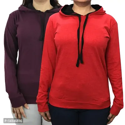 MYO Women's Full Sleeve Hooded Neck T Shirt Pack of 2 Wine-Red