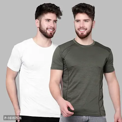Stylish Polyester Spandex White And Olive Solid Round Neck T-shirt For Men- Pack Of 2