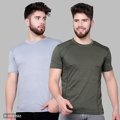 Stylish Polyester Spandex Grey And Yellow Solid Round Neck T-shirt For Men- Pack Of 2