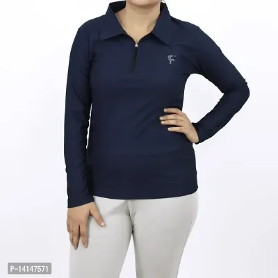 MYO Full Sleeves Solid Women's/Girls Polo Neck T-Shirt |1/4 Zip Dry-Fit T-Shirt Navy