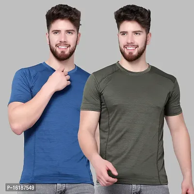 Stylish Polyester Spandex Blue And Olive Solid Round Neck T-shirt For Men- Pack Of 2-thumb0