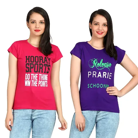 IRANA Women's Cotton Printed Round Neck T-Shirt Combo Pack of 2 Sizes:-S,M,L,XL