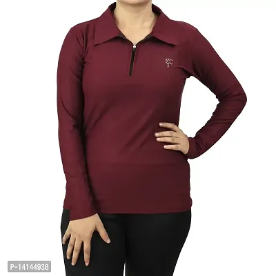 MYO Full Sleeves Solid Women's/Girls Polo Neck T-Shirt |1/4 Zip Dry-Fit T-Shirt Wine-thumb0