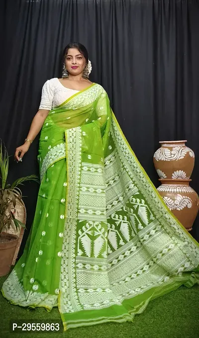 Stylish Green Cotton Saree Without Blouse Piece For Women-thumb0