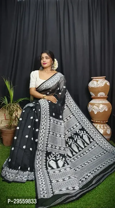 Stylish Black Cotton Saree Without Blouse Piece For Women