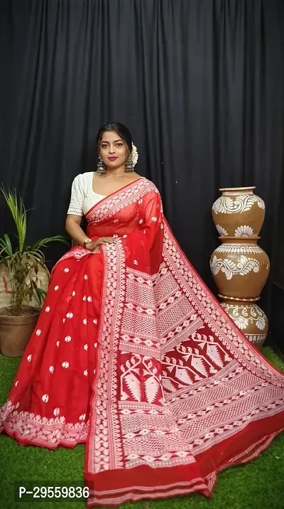 Stylish Red Cotton Saree Without Blouse Piece For Women-thumb0