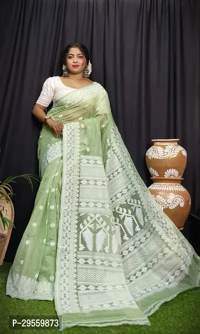 Stylish Light Green Cotton Saree Without Blouse Piece For Women-thumb0