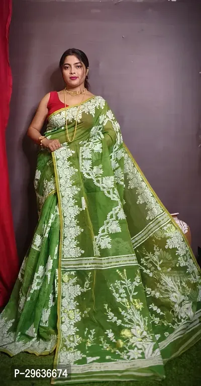 Beautiful Green Cotton Dyed Without Blouse Ready To Wear Stitched Saree For Women-thumb0