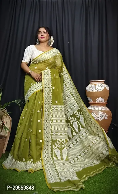 Stylish Olive Cotton Saree Without Blouse Piece For Women