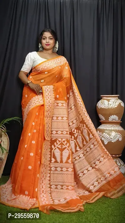 Stylish Orange Cotton Saree Without Blouse Piece For Women-thumb0