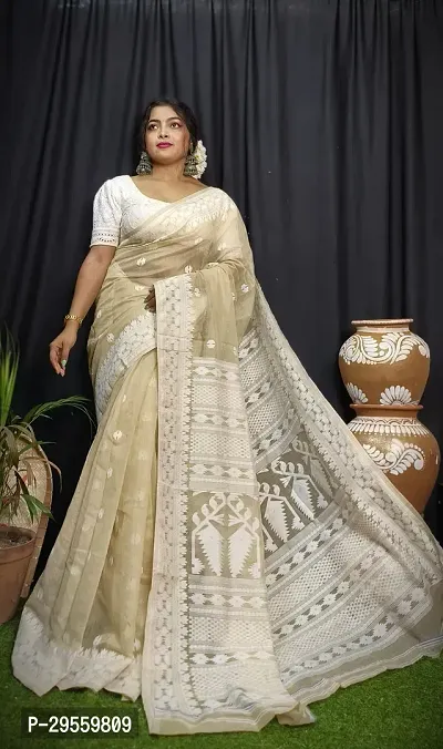 Stylish Beige Cotton Saree Without Blouse Piece For Women-thumb0