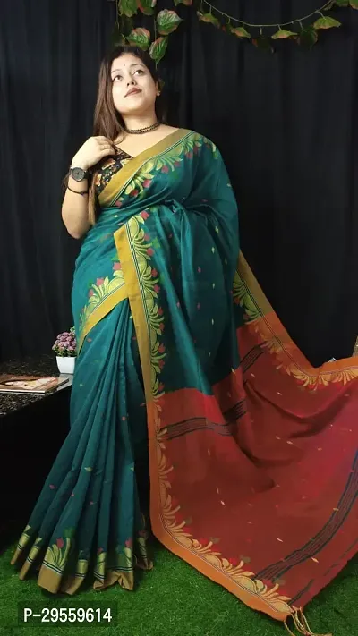 Stylish Green Cotton Saree Without Blouse Piece For Women-thumb0