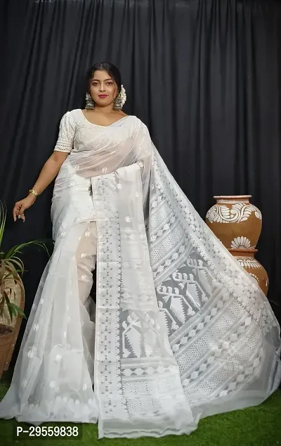 Stylish White Cotton Saree Without Blouse Piece For Women-thumb0