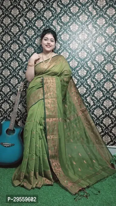 Stylish Green Cotton Saree Without Blouse Piece For Women