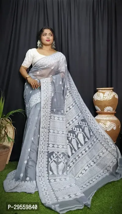 Stylish Grey Cotton Saree Without Blouse Piece For Women