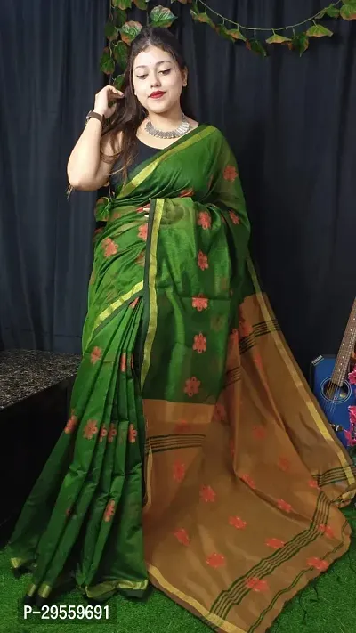 Stylish Green Cotton Saree Without Blouse Piece For Women