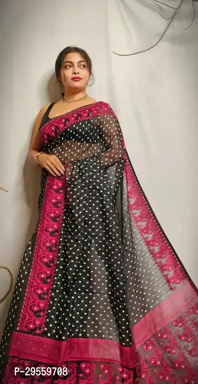 Stylish Black Cotton Saree Without Blouse Piece For Women