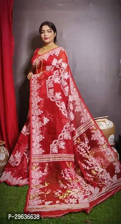 Beautiful Red Cotton Dyed Without Blouse Ready To Wear Stitched Saree For Women-thumb0