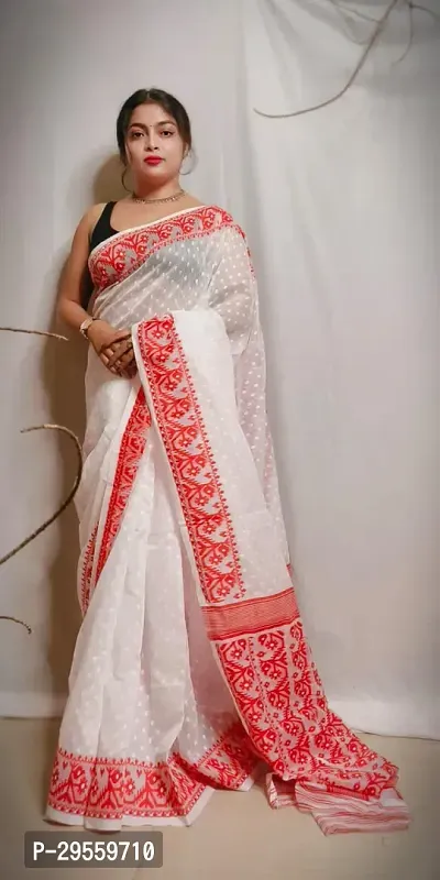 Stylish White Cotton Saree Without Blouse Piece For Women