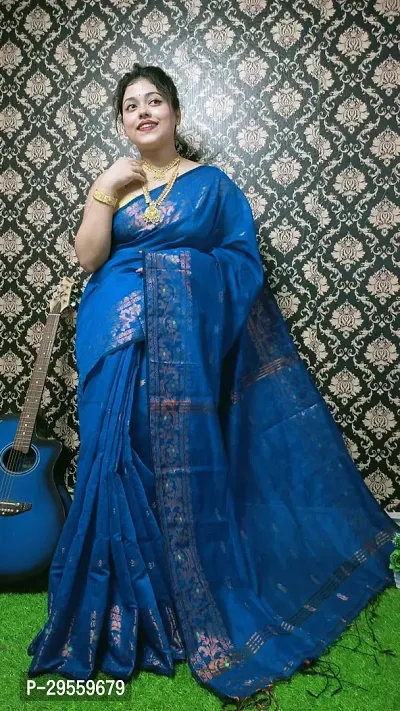 Stylish Blue Cotton Saree Without Blouse Piece For Women