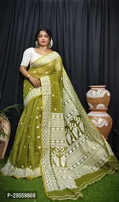 Stylish Olive Cotton Saree Without Blouse Piece For Women