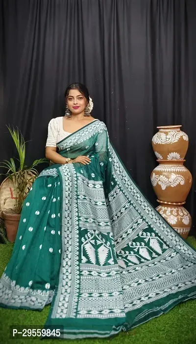 Stylish Dark Green Cotton Saree Without Blouse Piece For Women