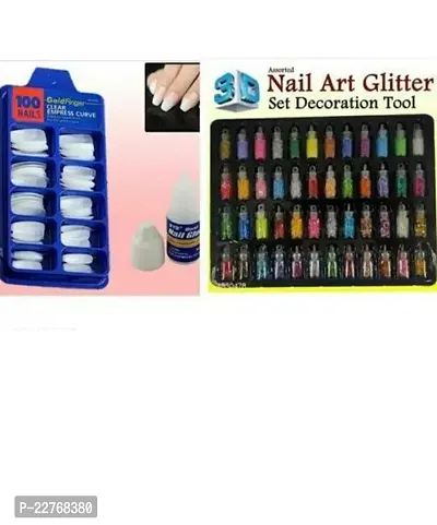 Combo Of (Set Of 100 White Nails + Set Of 48 Different 3D Nail Art Glitter) Pack Of 3