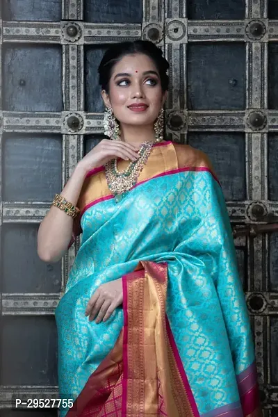 Stylish Blue Silk Blend Saree With Blouse Piece For Women-thumb3