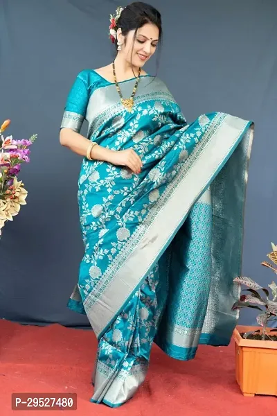 Stylish Turquoise Litchi Silk Saree With Blouse Piece For Women-thumb0