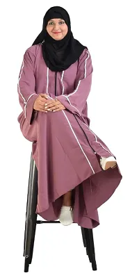 Dua Abaya Stylish V Neck Collar Front Open Zipper Abaya Burqa White Piping Design-DA705 Pink-thumb3