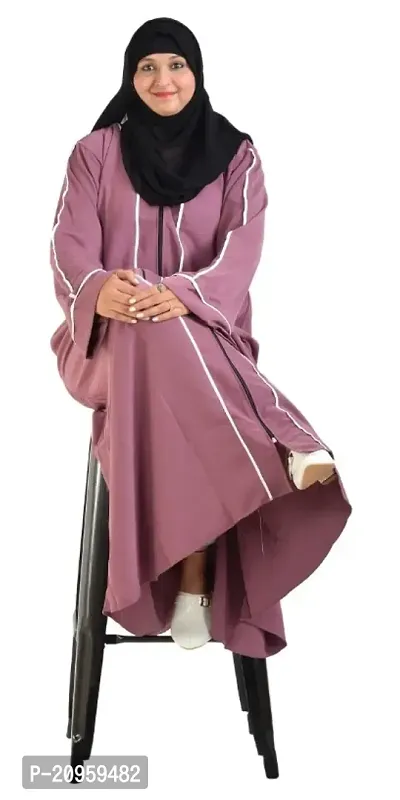 Dua Abaya Stylish V Neck Collar Front Open Zipper Abaya Burqa White Piping Design-DA705 Pink-thumb4