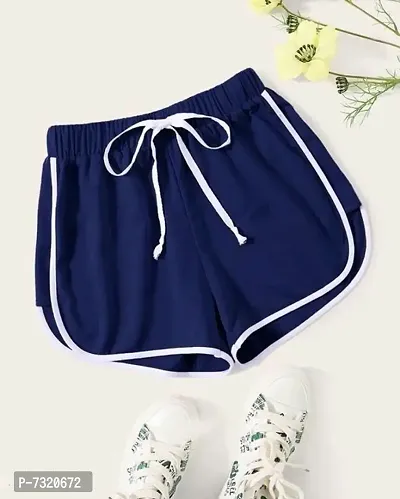 Beautiful Cotton Navy Blue Solid Lounge Shorts For Women