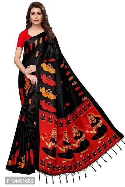 Elegant Black Polycotton Printed Saree With Blouse Piece For Women