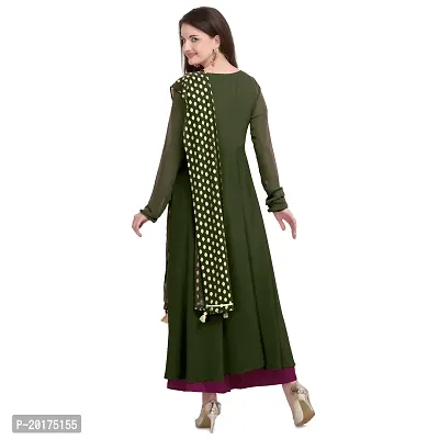 Flared long crepe kurti set with Georgette printed dupatta in OLIVE color-thumb4