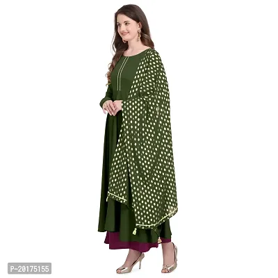 Flared long crepe kurti set with Georgette printed dupatta in OLIVE color-thumb5