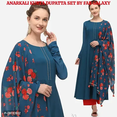 Flared long crepe kurti set with Georgette printed dupatta in TEAL BLUE color-thumb2