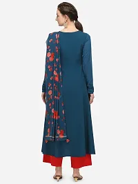 Flared long crepe kurti set with Georgette printed dupatta in TEAL BLUE color-thumb3