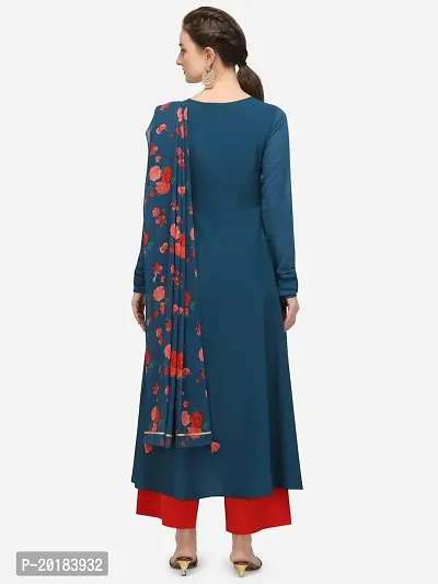 Flared long crepe kurti set with Georgette printed dupatta in TEAL BLUE color-thumb4