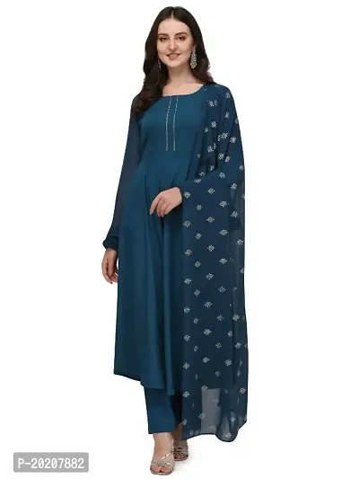 Flared long crepe kurti set with Georgette printed dupatta in TEAL BLUE color