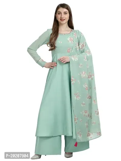 Flared long crepe kurti set with Georgette printed dupatta in SEA GREEN color-thumb0