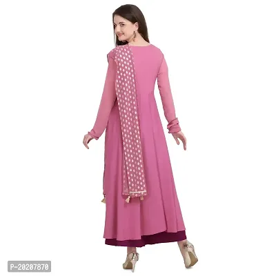 Flared long crepe kurti set with Georgette printed dupatta in pink french rose color-thumb3