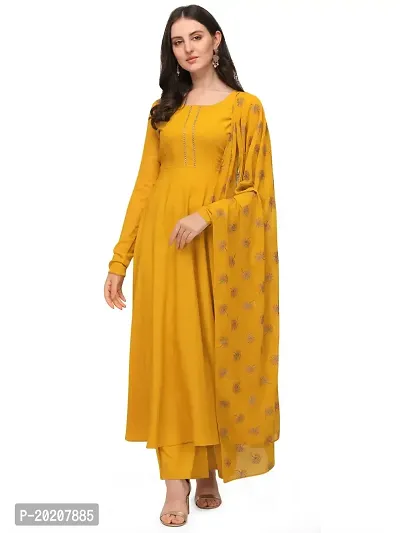 Flared long crepe kurti set with Georgette printed dupatta in MUSTARD color