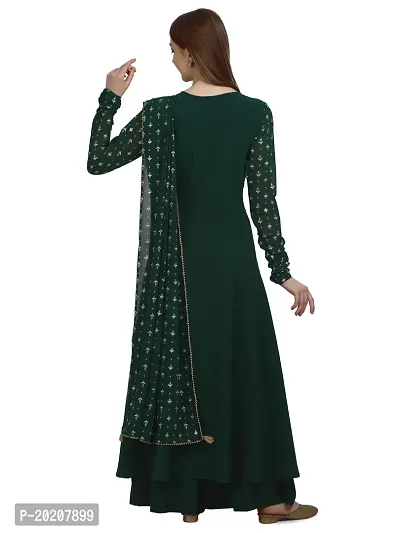 Flared long crepe kurti set with Georgette printed dupatta in BOTTLE GREEN color-thumb5